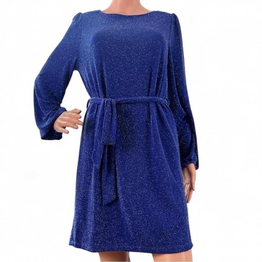Fraiche by J Cobalt Blue & Silver Shimmer Tie Waist Long Sleeve Dress Size M New